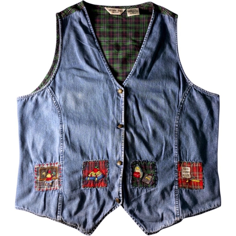 Victoria Jones Woman Denim Plaid School Teacher Vest Embroidered Novelty 2X
